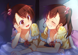 Rule 34 | 2girls, :d, ^ ^, breasts, brown eyes, brown hair, cleavage, closed eyes, downblouse, closed eyes, floral print, futami ami, futami mami, grin, hair bobbles, hair ornament, idolmaster, idolmaster (classic), lying, multiple girls, on stomach, open mouth, pajamas, print pajamas, racer (magnet), siblings, side ponytail, sisters, smile, twins, under covers