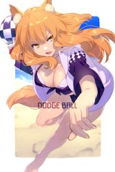 Rule 34 | 1girl, animal ears, bikini, blush, breasts, cleavage, collarbone, dodgeball, echo (circa), fate/grand order, fate (series), fox ears, fox girl, fox tail, jacket, jewelry, large breasts, long hair, long sleeves, looking at viewer, necklace, open clothes, open jacket, open mouth, orange eyes, orange hair, purple bikini, sidelocks, suzuka gozen (fate), suzuka gozen (heavenly demon princess) (fate), swimsuit, tail, thighs, white jacket