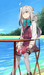Rule 34 | 10s, 1girl, absurdres, ahoge, alternate hairstyle, asashimo (kancolle), blue sky, blush, boots, bow, bowtie, box, chair, cross-laced footwear, day, dress, gift, gift box, grey eyes, grey hair, grey pantyhose, hair over one eye, highres, holding, holding gift, jewelry, kanmiya shinobu, kantai collection, lace-up boots, long hair, long sleeves, multicolored hair, outdoors, pantyhose, plant, ring, school uniform, shirt, sitting, sky, sleeveless, sleeveless dress, solo, table, water, wedding band, white shirt