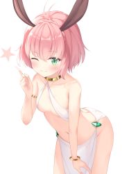 Rule 34 | 1girl, absurdres, ahoge, animal ears, antenna hair, arched back, armlet, ass, bangle, bare shoulders, blush, bob cut, bracelet, braid, breasts, butt crack, cleavage, closed mouth, clothing cutout, collarbone, cowboy shot, crown braid, emimeku, female focus, gold, green eyes, halterneck, hand up, happy, highres, index finger raised, isekai maou to shoukan shoujo no dorei majutsu, jewelry, leaning forward, loincloth, looking at viewer, navel, no panties, one eye closed, pink hair, rabbit ears, rabbit girl, revealing clothes, see-through, short hair, sidelocks, simple background, single braid, sling bikini top, small breasts, smile, solo, standing, star (symbol), stomach, sylvie (isekai maou), thigh cutout, thighs, white background, wink