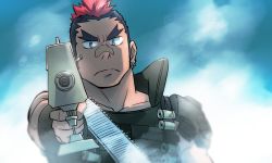 Rule 34 | 1boy, bandaid, bandaid on face, bandaid on nose, black hair, foreshortening, forked eyebrows, frown, gun, holding, holding gun, holding weapon, kill la kill, kinagase tsumugu, male focus, mohawk, multicolored hair, pointing, pointing at viewer, pointing weapon, red hair, short hair, sideburns, solo, suv (suv032), thick eyebrows, two-tone hair, upper body, weapon