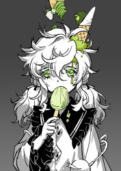 Rule 34 | 1girl, alternate costume, blouse, buttons, commentary, diamond button, eating, eyelashes, food, frilled shirt collar, frilled sleeves, frills, fruit, green eyes, greyscale, hair between eyes, hair ribbon, hand up, holding, holding food, ice cream, ice cream cone, komeiji koishi, long hair, long sleeves, looking at viewer, low twintails, messy hair, monochrome, no headwear, no headwear, ribbon, seeker, shirt, solo, spot color, strawberry, third eye, touhou, twintails, upper body, wide sleeves