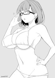 Rule 34 | 1girl, adjusting eyewear, bikini, bob cut, breasts, commentary request, glasses, greyscale, hand on own hip, kichihachi, large breasts, looking at viewer, monochrome, navel, original, short hair, solo, swimsuit