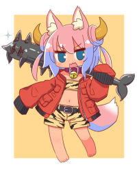 Rule 34 | 1girl, animal ear fluff, animal ears, animal print, barefoot, bell, belt, belt buckle, black belt, blue eyes, blue hair, blush, brown background, brown collar, buckle, collar, commentary request, dark-skinned female, dark skin, female focus, fox ears, fox girl, fox tail, full body, hair between eyes, hand up, highres, holding, holding weapon, horns, jacket, jingle bell, kemomimi-chan (naga u), long sleeves, looking at viewer, multicolored hair, naga u, navel, neck bell, open clothes, open jacket, open mouth, original, over shoulder, pink hair, print shorts, red jacket, setsubun, short shorts, shorts, sleeves past fingers, sleeves past wrists, solo, sparkle, standing, tail, tiger print, two-tone background, two-tone hair, v-shaped eyebrows, wavy mouth, weapon, weapon over shoulder, white background
