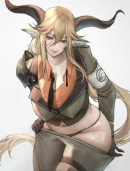 Rule 34 | 1girl, absurdres, animal ears, arknights, armor, black gloves, blonde hair, boingoo, breasts, cleavage, closed mouth, clothes pull, degenbrecher (arknights), gloves, goat ears, goat girl, goat horns, hair between eyes, half-closed eyes, highres, horns, large breasts, long hair, looking at viewer, military, military uniform, navel, necktie, orange skirt, panties, pants, pulling own clothes, seductive smile, shoulder armor, skirt, smile, solo, underwear, undressing, uniform, very long hair, white background, yellow eyes