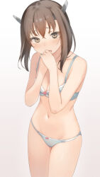 Rule 34 | 1girl, bare shoulders, blush, bra, breasts, brown eyes, brown hair, cleavage, collarbone, commentary request, cowboy shot, crossed bangs, embarrassed, grey bra, grey panties, hair between eyes, headgear, highres, kantai collection, looking at viewer, navel, own hands together, panties, sakieko, short hair, simple background, small breasts, solo, stomach, taihou (kancolle), thighs, underwear, white background