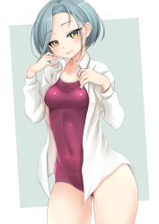 Rule 34 | 1girl, absurdres, adapted costume, breasts, cameltoe, collarbone, collared shirt, covered navel, forehead, grey hair, highres, kantai collection, long sleeves, makura (y makura), mole, mole on neck, one-piece swimsuit, open clothes, open shirt, shirt, short hair, small breasts, solo, standing, swept bangs, swimsuit, tamanami (kancolle), white shirt, yellow eyes