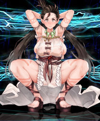 Rule 34 | 1girl, absurdres, areola slip, armlet, armpit hair, armpits, arms behind head, arms up, bare legs, bare shoulders, bead necklace, beads, blush, body markings, bow, breasts, brown eyes, brown hair, covered erect nipples, dress, facial mark, fate/grand order, fate (series), feathers, feet, female pubic hair, forehead, forehead mark, full body, highres, himiko (fate), himiko (first ascension) (fate), jewelry, large breasts, legs, long hair, looking at viewer, magatama, magatama necklace, necklace, no bra, no panties, nose blush, platform footwear, pubic hair, pussy juice, pussy juice puddle, pussy juice trail, reflection, reflective floor, sandals, sash, see-through, side slit, sideboob, solo, sonparesu, spread legs, squatting, tears, thick thighs, thighs, toenails, toes, topknot, twintails, white dress