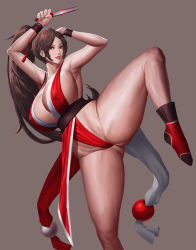 Rule 34 | 1girl, absurdres, armpits, artist request, bad anatomy, breasts, brown eyes, brown hair, cleavage, fatal fury, female focus, folding fan, hand fan, highres, holding, holding fan, large breasts, long hair, matching hair/eyes, ninja, ponytail, revealing clothes, shiranui mai, sideboob, solo, standing, standing on one leg