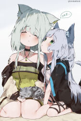 Rule 34 | 2girls, animal, animal ears, animal on lap, arknights, bare legs, black choker, black coat, blush, breasts, cat, cat day, cat ears, cat girl, cat on lap, cat tail, choker, coat, commentary request, detached collar, dress, facing viewer, from side, green dress, green eyes, grey hair, hand on own thigh, highres, jewelry, kal&#039;tsit (arknights), long hair, looking at another, material growth, medium breasts, medium hair, multiple girls, necklace, on lap, oripathy lesion (arknights), rosmontis (arknights), sitting, sleeping, spoken zzz, tail, thigh strap, unitedunti, very long hair, white dress, white hair, zzz
