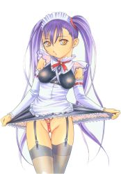 Rule 34 | 1girl, bdsm, breasts, clothes lift, detached sleeves, elbow gloves, exhibitionism, female focus, frills, garter belt, garter straps, gloves, hair rings, hoshino ruri, kidou senkan nadesico, large breasts, long hair, looking at viewer, maid, narrow waist, nipples, nishitsuki tsutomu, no panties, orange eyes, public indecency, purple hair, pussy, see-through, skirt, skirt lift, solo, thigh gap, thighhighs, thighs, twintails, uncensored, very long hair, wedgie