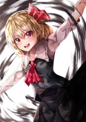 Rule 34 | 1girl, absurdres, ascot, black skirt, black vest, blonde hair, blouse, breasts, collared shirt, commentary request, cowboy shot, darkness, frilled shirt collar, frills, hair between eyes, highres, long sleeves, looking at viewer, mahoro (minase mahoro), medium hair, open mouth, red ascot, red eyes, rumia, shirt, skirt, skirt set, small breasts, solo, t-pose, teeth, touhou, upper teeth only, vest, white shirt