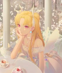 Rule 34 | 1girl, alternate costume, bad id, bad pixiv id, bare shoulders, blonde hair, bow, bug, butterfly, cake, cake slice, chair, choker, closed mouth, cup, day, dress, earrings, ereshkigal (fate), expressionless, fate/grand order, fate (series), food, fruit, hair bow, hand on own cheek, hand on own face, highres, insect, jewelry, long hair, looking at viewer, necklace, off-shoulder dress, off shoulder, outdoors, parted bangs, petals, pillar, pink eyes, plate, saucer, sitting, solo, strawberry, table, tea, teacup, tr (hareru), very long hair, white bow, white choker, white dress