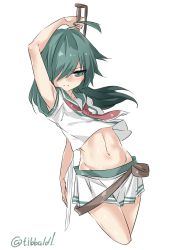 Rule 34 | 10s, 1girl, ahoge, arm behind back, arm up, armpit peek, bad id, bad twitter id, bare arms, closed mouth, cowboy shot, cropped legs, ebifurya, eyebrows, green eyes, green hair, hair over one eye, highres, holding, holding sword, holding weapon, inactive account, kantai collection, kiso (kancolle), long hair, looking at viewer, matching hair/eyes, midriff, navel, neckerchief, one eye covered, pleated skirt, pouch, school uniform, serafuku, short sleeves, simple background, skirt, solo, stomach, sword, twitter username, weapon, white background