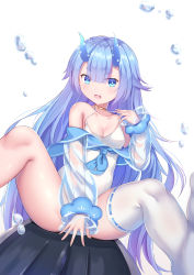 Rule 34 | 1girl, :d, absurdres, areola slip, azur lane, bad id, bad pixiv id, between legs, blue eyes, blue hair, blue horns, blue sailor collar, blue theme, blunt bangs, blush, clothes pull, eyes visible through hair, fang, gradient hair, hair flaps, hand between legs, hand on own chest, highres, horns, i-13 (azur lane), knees up, long hair, long sleeves, looking at viewer, mirufuaa, multicolored hair, one-piece swimsuit, one-piece swimsuit pull, open mouth, puffy long sleeves, puffy sleeves, purple hair, ribbon-trimmed legwear, ribbon trim, sailor collar, see-through, see-through sleeves, sidelocks, simple background, single thighhigh, sitting, skin fang, smile, solo, streaked hair, swimsuit, thighhighs, very long hair, water drop, white background, white one-piece swimsuit, white thighhighs