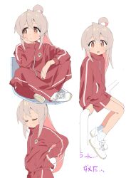 Rule 34 | 1girl, absurdres, ahoge, arm behind back, closed eyes, d:, genderswap, genderswap (mtf), gym shorts, hand on own cheek, hand on own face, head rest, highres, indian style, jacket, light brown hair, light frown, looking at viewer, looking to the side, mpoi, multiple views, onii-chan wa oshimai!, open mouth, oyama mahiro, pants, pink hair, ponytail, red jacket, red pants, red shorts, red track suit, shoes, shorts, simple background, sitting, sitting on bar, sneakers, socks, track jacket, track suit, white background, white socks