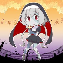 Rule 34 | 1girl, bat (animal), black bloomers, black dress, black footwear, bloomers, blue skin, chibi, colored skin, cross, dot nose, dress, graveyard, grey hair, habit, halloween, holding, holding cross, konno junko, long hair, low twintails, nun, open mouth, patchwork skin, pleated dress, red eyes, short sleeves, solo, star (symbol), stitched arm, stitched face, stitched leg, stitches, tombstone, twintails, yuuki akira, zombie, zombie land saga