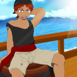 Rule 34 | 08pura, 1boy, blue eyes, blush, boat, male focus, ocean, original, pirate, red hair, scar, sitting, solo, tattoo, tongue, tongue out, water