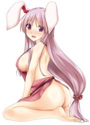 Rule 34 | 1girl, animal ears, apron, ass, bare arms, barefoot, blush, bottomless, breasts, hair ornament, hair scrunchie, hisae (hisae collect), large breasts, long hair, looking at viewer, low-tied long hair, naked apron, nose blush, open mouth, pink apron, purple hair, rabbit ears, red eyes, red scrunchie, reisen udongein inaba, scrunchie, seiza, sideboob, simple background, sitting, solo, strap gap, thighs, touhou, very long hair, white background