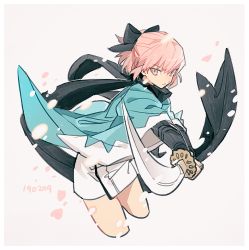 Rule 34 | 1girl, black bow, black scarf, black sleeves, blonde hair, bow, cherry blossoms, cropped legs, dated, fate (series), grey sky, hair bow, haori, haun, holding, holding sword, holding weapon, japanese clothes, katana, kimono, koha-ace, leaning forward, long sleeves, looking at viewer, okita souji (fate), okita souji (koha-ace), scarf, short hair, short kimono, sky, solo, standing, sword, weapon, white kimono, yellow eyes