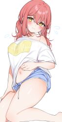 Rule 34 | 1girl, blue shorts, blush, breasts, clothes lift, flying sweatdrops, highres, inuyama nanami, looking at viewer, medium breasts, midriff, navel, off shoulder, original, red hair, shirt, shirt lift, short shorts, short sleeves, shorts, simple background, solo, t-shirt, thighs, twintails, white background, white shirt, yellow eyes