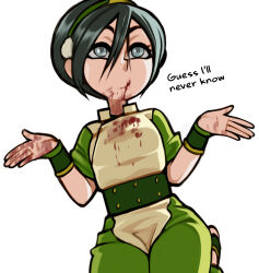 Rule 34 | 1girl, avatar: the last airbender, avatar legends, black hair, blood, blood on clothes, blood on face, blood on hands, blood splatter, english text, food, green hairband, hair between eyes, hairband, highres, loodncrood, outstretched arms, parted lips, pom pom (clothes), pursed lips, sausage, short hair, simple background, teeth, toph bei fong, upper teeth only, white background