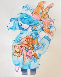 Rule 34 | 1girl, arm at side, blue eyes, blue hair, cowboy shot, water drop, expressionless, fish, floating hair, goldfish, hair over one eye, hand up, head tilt, highres, limited palette, liquid hair, long sleeves, looking to the side, maruti bitamin, medium hair, original, painting (medium), solo, traditional media, watercolor (medium), waves, white background