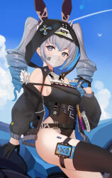 Rule 34 | 1girl, absurdres, adapted costume, animal ears, armpits, barcode, barcode tattoo, bare shoulders, belt, black jacket, black thighhighs, breasts, bronya zaychik, bronya zaychik (haxxor bunny), chinese commentary, commentary request, covered navel, drill hair, fake animal ears, gloves, grey eyes, hair between eyes, hand up, highres, honkai (series), honkai impact 3rd, hood, jacket, leg up, legs, leotard, long hair, long sleeves, looking at viewer, mask, medium breasts, mouth mask, multicolored hair, navel, off shoulder, open clothes, open jacket, rabbit ears, russian commentary, single thighhigh, sitting, sky, solo, takeawatch, tattoo, thigh strap, thighhighs, thighs, tight clothes