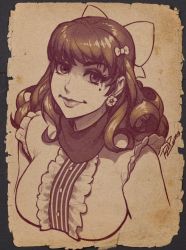 Rule 34 | 1girl, bliss barson, bow, breasts, cryamore, curly hair, earrings, faux traditional media, hair bow, jewelry, large breasts, lips, long hair, mole, mole under eye, monochrome, robaato, scarf, sepia, smile, solo, upper body