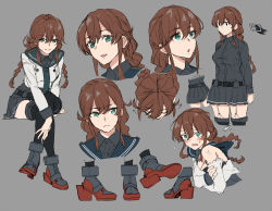 Rule 34 | 1girl, belt, black sailor collar, black shirt, black skirt, braid, brown hair, character chart, commentary request, cowboy shot, dress shirt, fugu custom, full body, green eyes, grey background, highres, kantai collection, long sleeves, looking at viewer, looking to the side, multiple views, no gloves, noshiro (kancolle), pleated skirt, rudder footwear, sailor collar, sailor shirt, school uniform, serafuku, shirt, sideways glance, simple background, sitting, skirt, swept bangs, thighhighs, torn clothes, twin braids, upper body