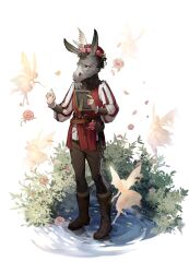 Rule 34 | 1boy, animal head, black pants, boots, brown footwear, brown hair, bush, donkey, drawing (object), fairy, falling petals, flower, full body, hat, head wreath, highres, holding, holding drawing, jacket, lake, long sleeves, nick bottom (reverse:1999), official art, pants, petals, pink flower, red headwear, red jacket, reverse:1999, shirt, sleeveless, sleeveless jacket, solo focus, standing, striped sleeves, tachi-e, third-party source, transparent background, water, white shirt