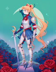 Rule 34 | 1girl, adapted costume, alternate costume, armor, armored boots, armored dress, bishoujo senshi sailor moon, blonde hair, blue eyes, boots, breastplate, cat, commentary, crescent, crescent earrings, crescent moon, double bun, earrings, english commentary, female focus, field, flower, flower field, from side, full body, gauntlets, hair bun, high heel boots, high heels, jewelry, leg armor, long hair, luna (sailor moon), meloramylin, moon, planted, planted sword, planted weapon, pleated skirt, profile, red flower, red ribbon, red rose, ribbon, rose, sailor moon, shin guards, shoulder armor, skirt, solo focus, sword, tiara, tsuki ni kawatte oshioki yo, tsukino usagi, twintails, weapon