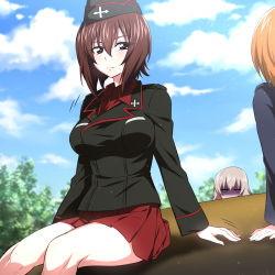 Rule 34 | 10s, 3girls, arm support, black jacket, blue jacket, brown eyes, brown hair, cloud, cloudy sky, commentary, day, garrison cap, girls und panzer, grey shirt, half-closed eyes, hat, itsumi erika, jacket, long sleeves, looking at another, military, military uniform, miniskirt, multiple girls, nakahira guy, nishizumi maho, nishizumi miho, outdoors, pleated skirt, red shirt, red skirt, shirt, short hair, sitting, skirt, sky, uniform
