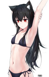 Rule 34 | 1girl, animal ear fluff, animal ears, armpits, arms up, bare arms, bare shoulders, bikini, black bikini, black hair, black ribbon, blush, borrowed character, breasts, cat ears, cat girl, closed mouth, commentary request, cowboy shot, highres, long hair, navel, original, red eyes, ribbon, shibanme tekikumo, side-tie bikini bottom, signature, simple background, small breasts, solo, stomach, stretching, swimsuit, very long hair, white background, xingye (xing)