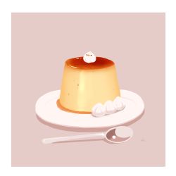 Rule 34 | bird, chai (drawingchisanne), commentary request, creme caramel, dessert, food, food focus, no humans, on food, original, plate, pudding, signature, simple background, sitting on food, spoon, sweets, undersized animal, whipped cream