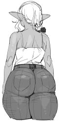 Rule 34 | 1girl, ass, bare shoulders, commentary, dark-skinned female, dark skin, elf-san wa yaserarenai., female focus, from behind, greyscale, highres, kuroeda (elf-san wa yaserarenai.), monochrome, pointy ears, simple background, sketch, solo, synecdoche, thick thighs, thighs, white background, wide hips