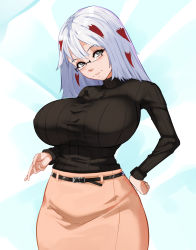 Rule 34 | 1girl, 47 hard, black sweater, blush, boku no hero academia, breasts, glasses, hand on own hip, highres, large breasts, long hair, long sleeves, multicolored hair, red hair, ribbed sweater, grey eyes, skirt, solo, sweater, todoroki fuyumi, white hair
