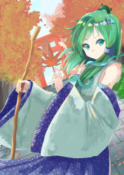 Rule 34 | 1girl, autumn, autumn leaves, bad id, bad pixiv id, bare shoulders, blue skirt, blue sky, closed mouth, collared shirt, commentary request, detached sleeves, dutch angle, frog hair ornament, green eyes, green hair, hair ornament, hair tubes, highres, holding, holding leaf, holding stick, kochiya sanae, leaf, long hair, long skirt, looking at viewer, shelk787, shirt, skirt, sky, sleeveless, sleeveless shirt, sleeves past wrists, smile, snake hair ornament, solo, stick, torii, touhou, white shirt