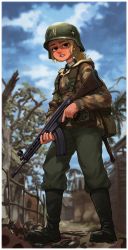 Rule 34 | 1girl, absurdres, assault rifle, backpack, bag, battle rifle, blonde hair, boots, cloud, cloudy sky, combat boots, commentary, day, english commentary, full body, germany, gun, hearts of iron, helmet, highres, holding, holding gun, holding weapon, hood, hood down, hooded jacket, jacket, low ponytail, medium hair, military, military uniform, rifle, rifleman1130, sky, soldier, solo, standing, stg44, trigger discipline, uniform, war, weapon, world war ii
