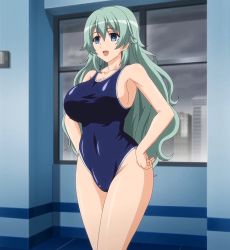 Rule 34 | 1girl, blue eyes, breasts, covered navel, curvy, gakuen de jikan yo tomare, green hair, hand on own hip, highres, hypnosis, large breasts, long hair, mind control, one-piece swimsuit, open mouth, school swimsuit, screencap, shiny skin, sideboob, smile, solo, standing, swimsuit, window
