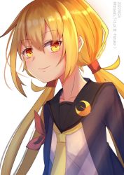 Rule 34 | 1girl, armband, blonde hair, crescent, crescent pin, haruka faraway716, highres, kantai collection, long hair, looking at viewer, neckerchief, one-hour drawing challenge, satsuki (kancolle), school uniform, serafuku, shirt, simple background, smile, solo, twintails, white background, white shirt, yellow eyes, yellow neckerchief