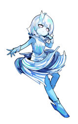 Rule 34 | 1girl, baniran dorosu, blue dress, blue footwear, blue hair, blue skin, blue theme, blunt bangs, child, colored sclera, colored skin, dress, female focus, flat chest, full body, half-closed eyes, hand on own cheek, hand on own face, hand up, highres, horns, leg up, legs, looking at viewer, monster girl, multicolored hair, original, outstretched arm, parted lips, personification, pink sclera, shoes, short dress, sidelocks, simple background, single horn, sleeveless, sleeveless dress, snow (baniran dorosu), solo, standing, standing on one leg, teeth, two-tone dress, two-tone hair, white background, white dress, white eyes, white hair, wrist cuffs