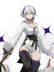 Rule 34 | 1girl, absurdres, belt, black footwear, blue eyes, boots, choker, commentary request, grey hair, highres, holding, holding sword, holding weapon, hui wuya, jacket, long sleeves, looking at viewer, multicolored hair, open mouth, puffy sleeves, purple choker, purple hair, purple shirt, purple thighhighs, shirt, short hair, solo, streaked hair, sword, thigh boots, thigh gap, thighhighs, vocaloid, vsinger, weapon, white jacket, yanhe