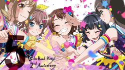 Rule 34 | &gt;:), 5girls, ;), ^ ^, anniversary, armlet, bang dream!, black hair, blonde hair, blue eyes, blush, brown eyes, brown hair, closed eyes, commentary request, confetti, copyright name, countdown, detached sleeves, earrings, frilled sleeves, frills, green eyes, grin, hair ornament, hair ribbon, hanazono tae, highres, huddle, ichigaya arisa, jewelry, long hair, looking at another, looking at viewer, multiple girls, official art, one eye closed, own hands together, polka dot, pom pom (clothes), pom pom earrings, poppin&#039;party, ribbon, salute, short hair, skirt, sleeveless, smile, star (symbol), star hair ornament, striped ribbon, suspenders, toyama kasumi, twintails, ushigome rimi, wrist cuffs, yamabuki saya, yellow ribbon