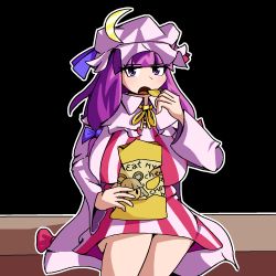 Rule 34 | 1girl, blue bow, bow, breasts, chips (food), crescent, crescent hat ornament, eating, food, hat, hat ornament, highres, large breasts, long hair, long sleeves, mob cap, neck ribbon, patchouli knowledge, plump, purple eyes, purple hair, red bow, ribbon, robe, rumielle, simple background, sitting, touhou, very long hair