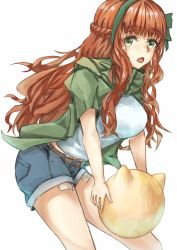 Rule 34 | 1girl, alternate costume, ball, blue shorts, blunt bangs, braid, casual, cowboy shot, de ruyter (kancolle), denim, denim shorts, green eyes, green hairband, green shirt, hairband, highres, holding, hooded shirt, kantai collection, long hair, one-hour drawing challenge, open mouth, red hair, shirt, shorts, side braid, simple background, solo, tonke, white background, white shirt