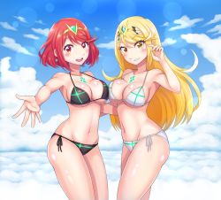 Rule 34 | 2girls, 83tsu, bikini, blonde hair, blue sky, blush, breasts, cleavage, cloud, cloudy sky, day, gem, hair ornament, hand up, headpiece, highres, jewelry, large breasts, legs, long hair, looking at viewer, multiple girls, mythra (xenoblade), navel, nintendo, open mouth, pyra (xenoblade), red eyes, red hair, shiny skin, short hair, sky, smile, swept bangs, swimsuit, teeth, thighs, tiara, tongue, very long hair, xenoblade, xenoblade chronicles (series), xenoblade chronicles 2, yellow eyes