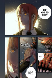 Rule 34 | ..., 1boy, 1girl, ?, black jacket, blood, blood from mouth, bloody weapon, body modification, braid, brown hair, chainsaw, chainsaw man, collared shirt, colorized, comic, denji (chainsaw man), english text, eyelashes, fan colored, fang, fangs, fujimoto tatsuki, hexamendle, highres, jacket, long hair, looking at another, makima (chainsaw man), necktie, sharp teeth, shirt, smile, sound effects, speech bubble, sunlight, surprised, teeth, third-party edit, topless male, unusual pupils, weapon, white shirt, yellow eyes