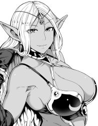 Rule 34 | 1girl, armor, bikini armor, breasts, character request, copyright request, dark skin, dark-skinned female, eyes visible through hair, greyscale, jewelry, kinntarou, large breasts, long hair, monochrome, pointy ears, smile, solo, upper body, wrist cuffs