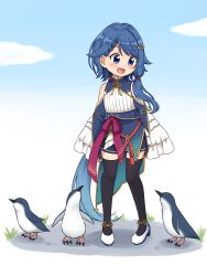Rule 34 | 1girl, :d, absurdres, animal, bare shoulders, bird, black thighhighs, blue eyes, blue hair, blue sky, braid, braided bangs, cloud, commentary, full body, hair ornament, hairclip, highres, long hair, looking away, low ponytail, open mouth, penguin, project gen2, shiraha maru, shoes, single sidelock, sky, smile, solo, standing, thighhighs, tsubasa aiba, very long hair, virtual youtuber, white footwear, zettai ryouiki